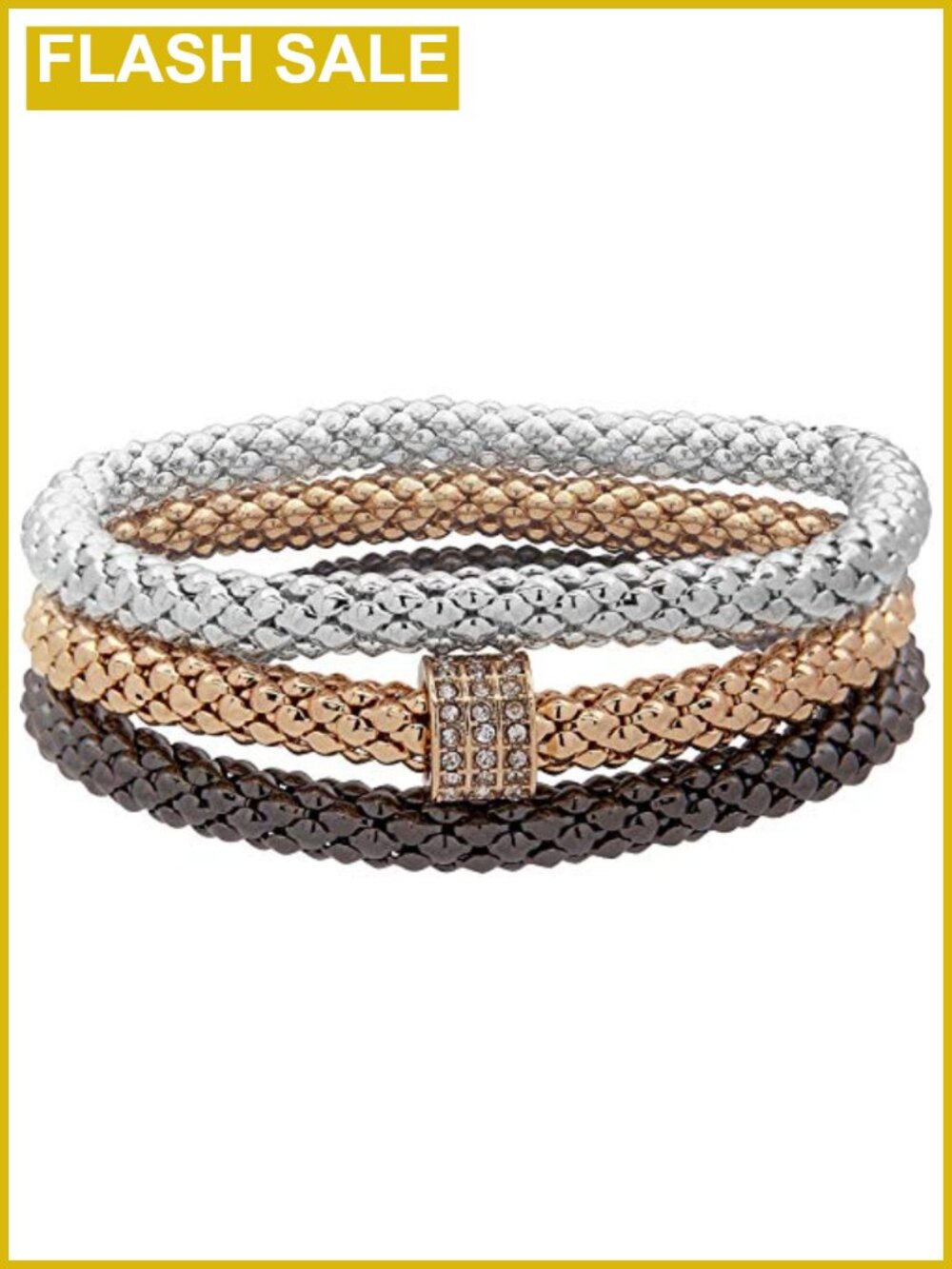 Set of 3 Stretch Bracelets Tri-Tone Mixed Metal Glass Stackable Jewelry